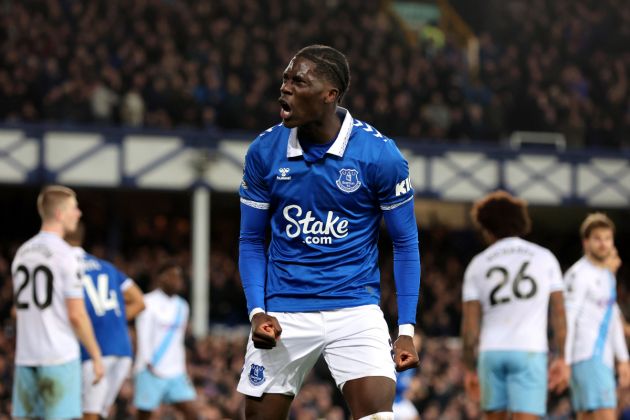 Amadou Onana of Everton celebrates scoring their first goal during the Premier League match between Everton FC and Crystal Palace at Goodison Park on February 19, 2024 in Liverpool, England.