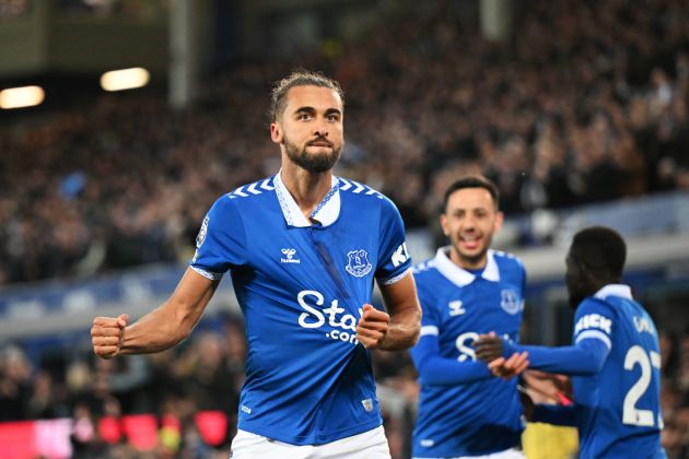 Dominic Calvert-Lewin of Everton celebrates scoring his team's second goal during the Premier League match between Everton FC and Liverpool FC at Goodison Park on April 24, 2024 in Liverpool, England.