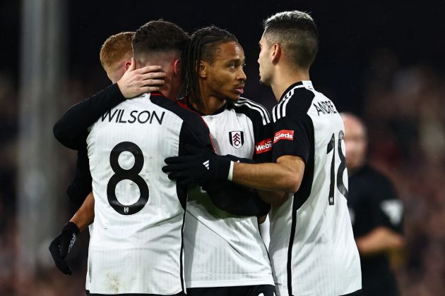 Fulham's Jamaican striker #14 Bobby Decordova-Reid (C) celebrates with teammates after scoring the opening goal of the English FA Cup third round football match between Fulham and Rotherham United at Craven Cottage in London on January 5, 2024.