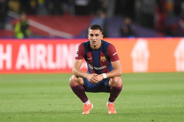 Barcelona's Spanish forward #07 Ferran Torres reacts at the end of the UEFA Champions League quarter-final second leg football match between FC Barcelona and Paris SG at the Estadi Olimpic Lluis Companys in Barcelona on April 16, 2024.