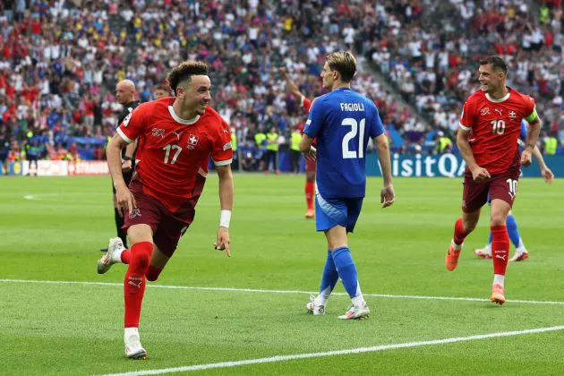 Ruben Vargas celebrates scoring his team's second goal during the UEFA Euro 2024 round of 16 football match between Switzerland and Italy at the Olympiastadion Berlin in Berlin on June 29, 2024.