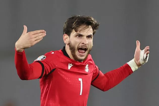 Khvicha Kvaratskhelia celebrates after scoring the team's first goal during the UEFA Euro 2024 football tournament Group A qualifying match between Georgia and Scotland in Tbilisi on November 16, 2023.