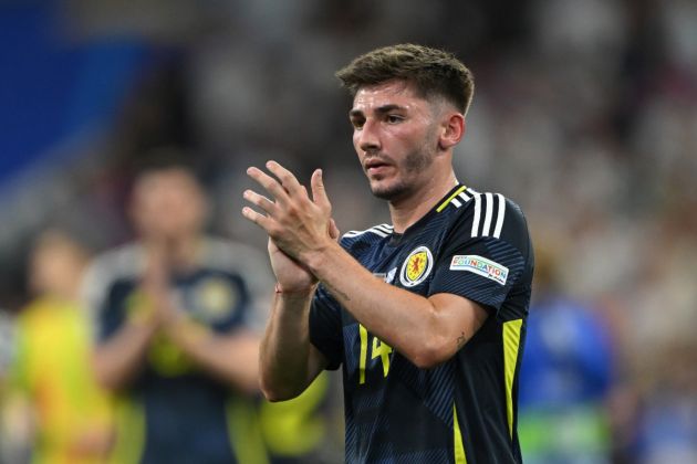 Billy Gilmour of Scotland applauds the fans after defeat to Germany during the UEFA EURO 2024 group stage match between Germany and Scotland at Munich Football Arena on June 14, 2024 in Munich, Germany.