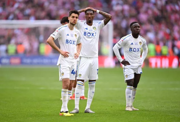 Ilia Gruev, Jaidon Anthony and Wilfried Gnonto of Leeds United look dejected following defeat to Southampton during the Sky Bet Championship Play Final match between Leeds United and Southampton at Wembley Stadium on May 26, 2024.