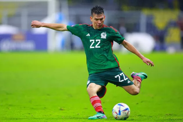 Hirving Lozano of Mexico kicks the ball during the CONCACAF Nations League quarterfinals second leg match between Mexico and Honduras at Azteca Stadium on November 21, 2023.