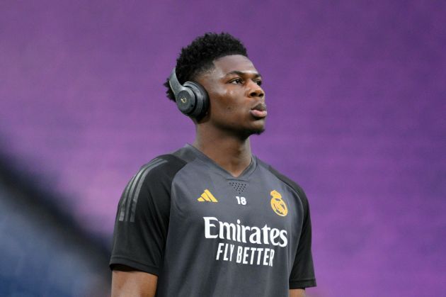 Aurelien Tchouameni of Real Madrid inspects the pitch prior to the UEFA Champions League semi-final second leg match between Real Madrid and FC Bayern München at Estadio Santiago Bernabeu on May 08, 2024