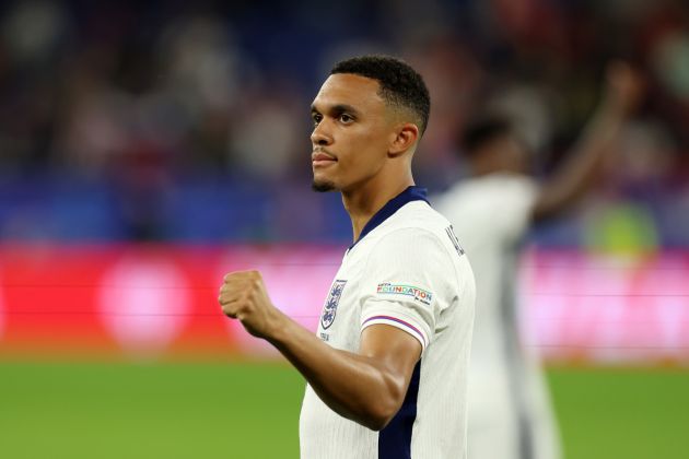 Trent Alexander-Arnold of England celebrates victory at full-time following the UEFA EURO 2024 group stage match between Serbia and England at Arena AufSchalke on June 16, 2024 in Gelsenkirchen, Germany.