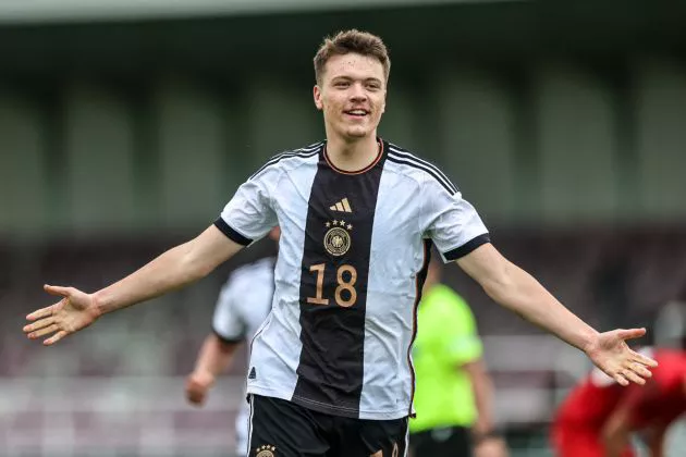 Dzenan Pejcinovic of Germany celebrates scoring his team's second goal during the UEFA Under19 European Championship Qualifier match between Türkiye and Germany on March 26, 2024 in Vrbovec, Croatia.
