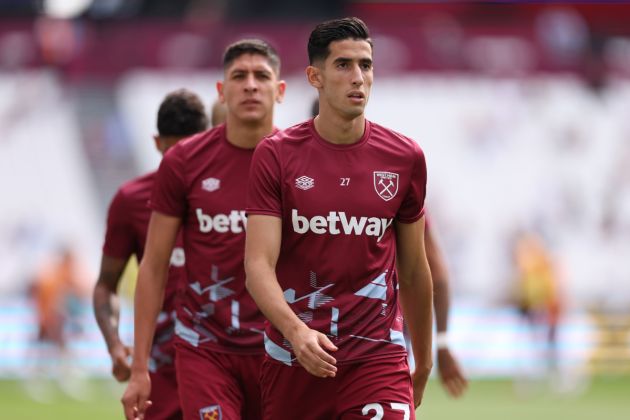 Nayef Aguerd of West Ham United warms up prior to the Premier League match between West Ham United and Manchester City at London Stadium on September 16, 2023.