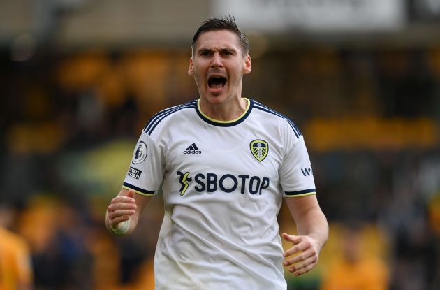 Max Woeber of Leeds United celebrates following victory in the Premier League match between Wolverhampton Wanderers and Leeds United at Molineux on March 18, 2023.