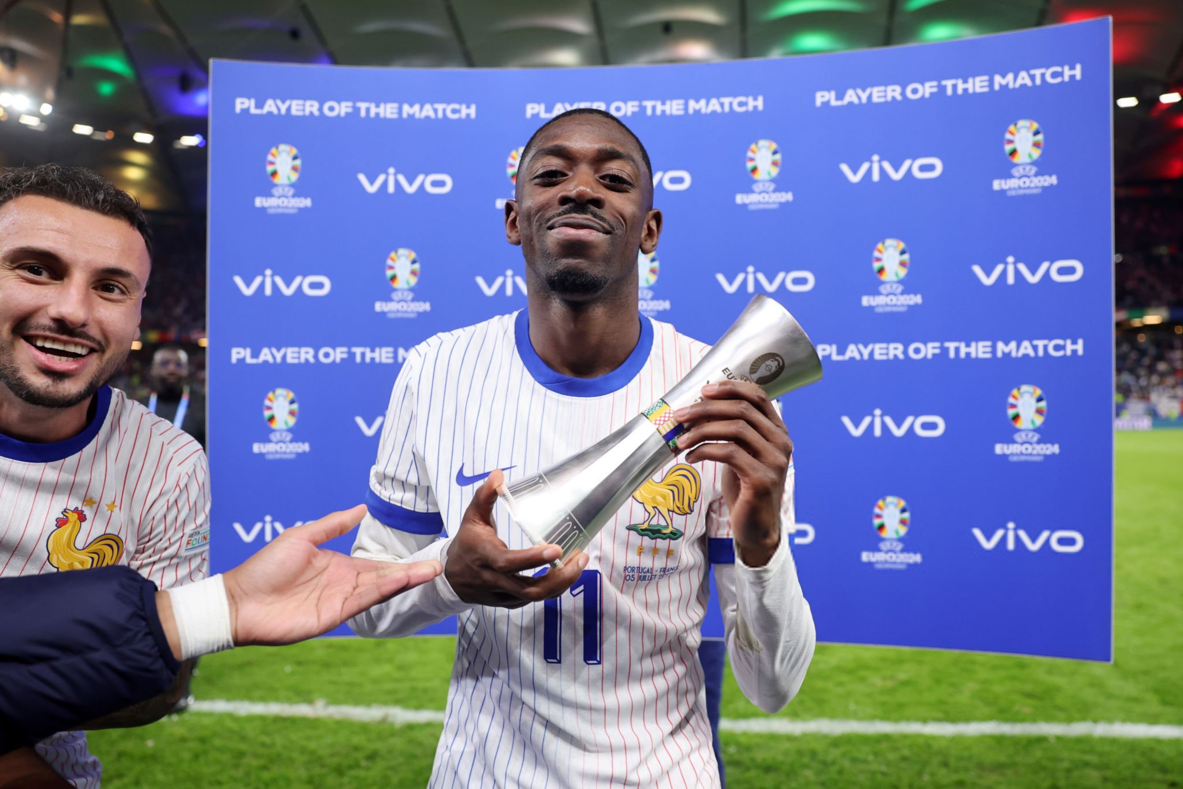 (Video) France players hype up Ousmane Dembele as he picks up Man of the Match award