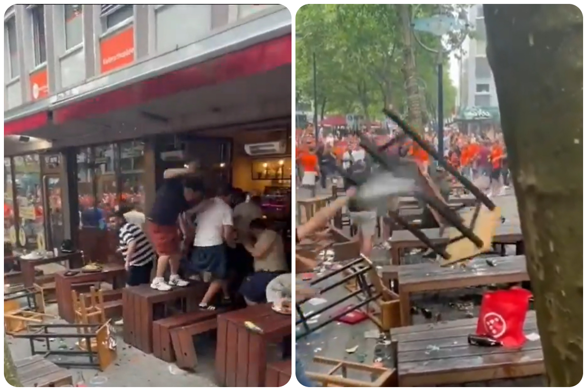 Video: Chairs thrown as attack from Netherlands fans force English supporters to run into bar