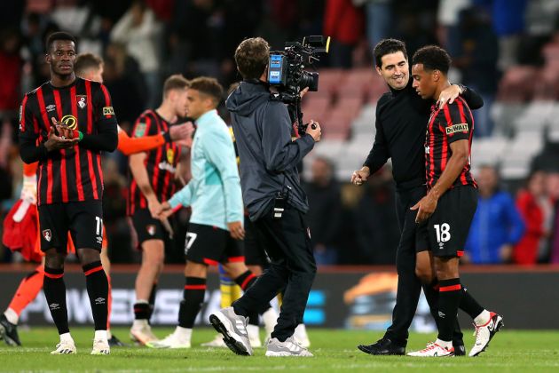 Andoni Iraola, Manager of AFC Bournemouth, celebrates the team's victory with Tyler Adams during the Carabao Cup Third Round match between AFC Bournemouth and Stoke City at Vitality Stadium on September 27, 2023