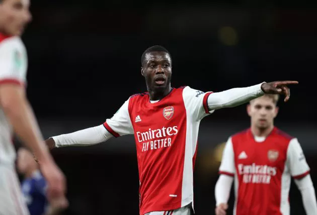 Nicolas Pepe of Arsenal during the Carabao Cup Round of 16 match between Arsenal and Leeds United at Emirates Stadium on October 26, 2021 in London, England.