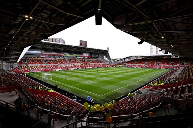 General view inside the stadium prior to the Premier League match between Brentford FC and Brighton & Hove Albion at Gtech Community Stadium on April 03, 2024 in Brentford, England.