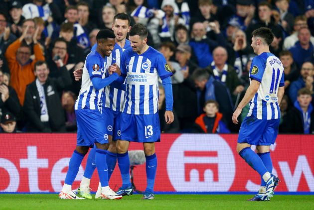 Ansu Fati of Brighton & Hove Albion celebrates after scoring the team's second goal during the UEFA Europa League 2023/24 match between Brighton & Hove Albion and AFC Ajax at American Express Community Stadium on October 26, 2023.