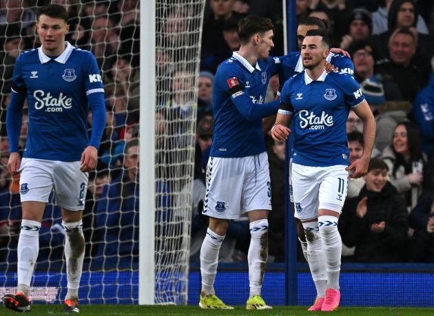 Jack Harrison (R) celebrates after scoring the equalising goal during the English FA Cup fourth round football match between Everton and Luton Town at Goodison Park in Liverpool, north west England on January 27, 2024.