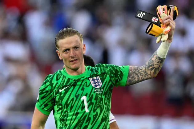 Jordan Pickford celebrates after winning the UEFA Euro 2024 quarter-final football match between England and Switzerland at the Duesseldorf Arena in Duesseldorf on July 6, 2024.