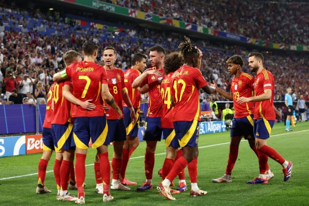 Spain's players celebrate the second goal during the UEFA Euro 2024 semi-final football match between Spain and France at the Munich Football Arena in Munich on July 9, 2024.