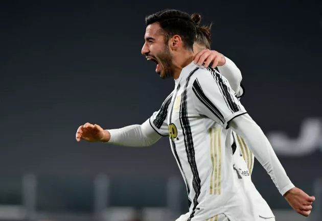 Juventus' Italian defender Gianluca Frabotta celebrates after scoring a goal during the Italian Cup quarter final football match between Juventus and Spal on January 27, 2021 at the Allkianz stadium in Turin.