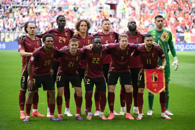 Players of Belgium pose for a team photograph prior to the UEFA EURO 2024 round of 16 match between France and Belgium at Düsseldorf Arena on July 01, 2024 in Dusseldorf, Germany.