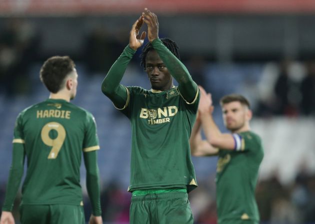 Darko Gyabi of Plymouth Argyle applauds the fans after the Sky Bet Championship match between Huddersfield Town and Plymouth Argyle at John Smith's Stadium on January 13, 2024 in Huddersfield, England.