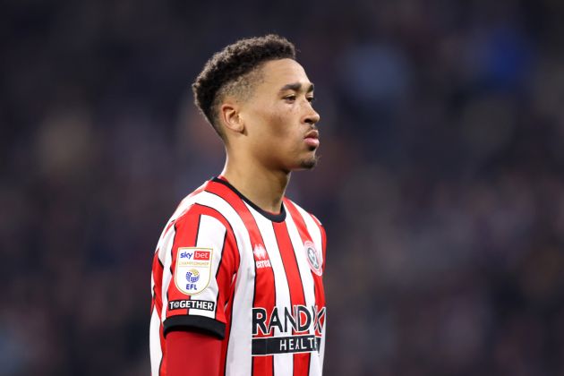 Daniel Jebbison of Sheffield United looks on during the Sky Bet Championship between Huddersfield Town and Sheffield United at John Smith's Stadium on May 04, 2023 in Huddersfield, England.