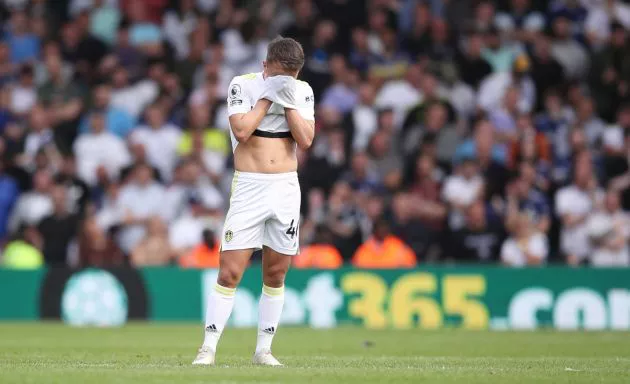 Jamie Shackleton of Leeds United reacts during the Premier League match between Leeds United and Brighton & Hove Albion at Elland Road on May 15, 2022 in Leeds, England.