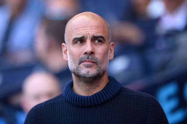 Pep Guardiola, Manager of Manchester City, looks on prior to the Premier League match between Manchester City and West Ham United at Etihad Stadium on May 19, 2024 in Manchester, England.