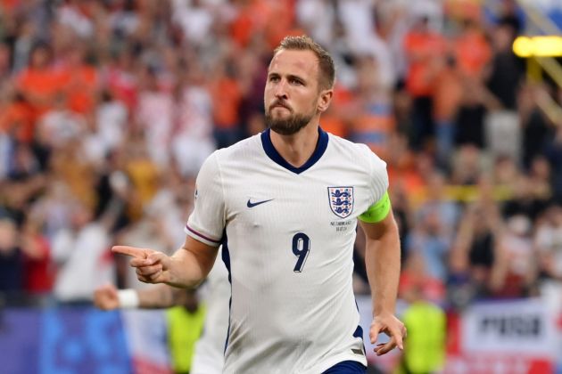 Harry Kane of England celebrates scoring his team's first goal from a penalty kick during the UEFA EURO 2024 semi-final match between Netherlands and England at Football Stadium Dortmund on July 10, 2024 in Dortmund, Germany.