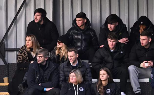 Newcastle and former AC Milan player Sandro Tonali (top left) watches the match from the stand during the UEFA Youth League match between Newcastle United and AC Milan at Whitley Park on December 13, 2023