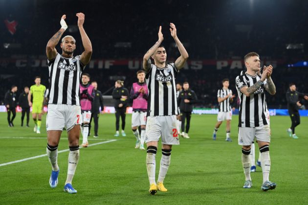 Joelinton, Miguel Almiron and Kieran Trippier of Newcastle United applaud the fans after the UEFA Champions League match between Paris Saint-Germain and Newcastle United FC at Parc des Princes on November 28, 2023 in Paris, France.