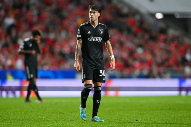 Matias Soule of Juventus in action during the UEFA Champions League group H match between SL Benfica and Juventus at Estadio do Sport Lisboa e Benfica on October 25, 2022 in Lisbon, Portugal.