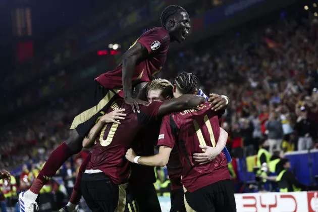 Belgium's Kevin De Bruyne and Belgium's Amadou Onana celebrate after scoring during a soccer game between Belgian national soccer team Red Devils and Romania, Saturday 22 June 2024 in Cologne, Germany, the second match in the group stage of the UEFA Euro 2024 European championships.