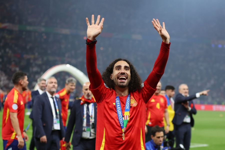 Cucurella celebrates winning Euro 2024 with Spain.