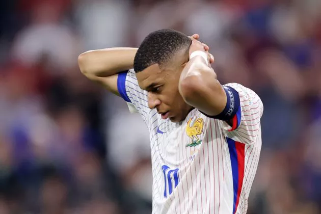 Kylian Mbappe of France reacts after a missed chance during the UEFA EURO 2024 Semi-Final match between Spain and France at Munich Football Arena on July 09, 2024 in Munich, Germany.