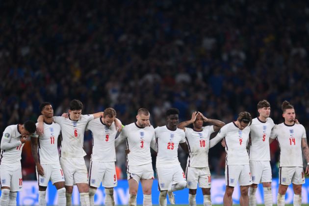 ngland's players watch the penalty shootout during the UEFA EURO 2020 final football match between Italy and England at the Wembley Stadium in London on July 11, 2021.