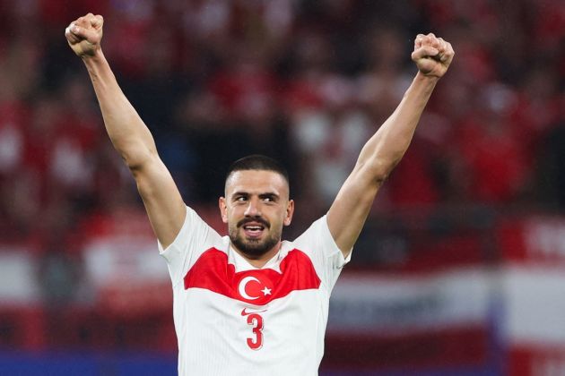 Turkey's defender #03 Merih Demiral celebrates scoring his team's second goal during the UEFA Euro 2024 round of 16 football match between Austria and Turkey at the Leipzig Stadium in Leipzig on July 2, 2024.