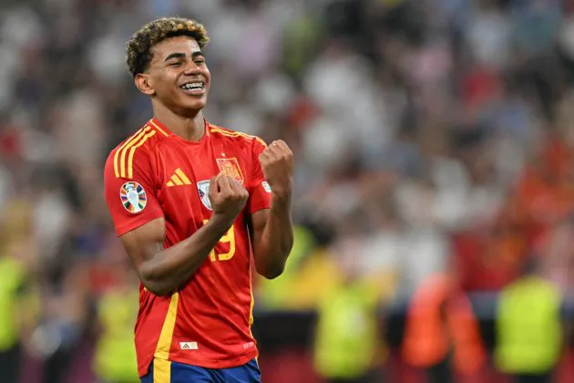 Spain's forward #19 Lamine Yamal celebrates at the end of the UEFA Euro 2024 semi-final football match between Spain and France at the Munich Football Arena in Munich on July 9, 2024.