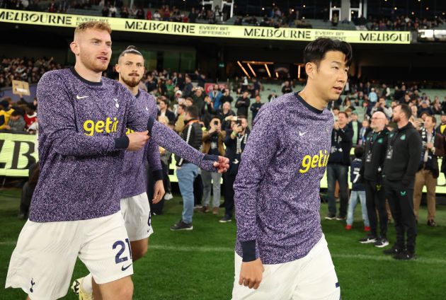 Heung-Min Son and Dejan Kulusevski of Tottenham Hotspur head out for the warm up prior to the exhibition match between Tottenham Hotspur FC and Newcastle United FC at Melbourne Cricket Ground on May 22, 2024 in Melbourne, Australia.