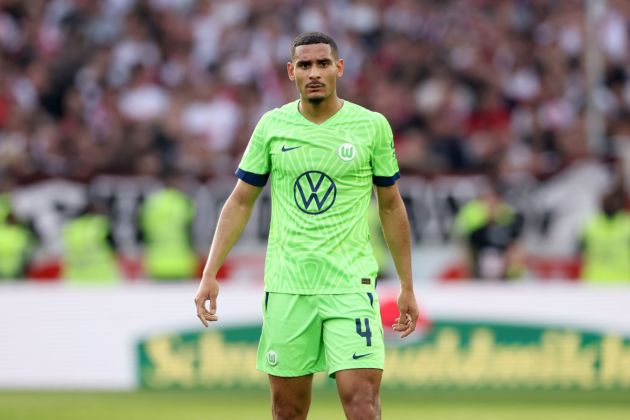 Maxence Lacroix of Wolfsburg looks on during the Bundesliga match between VfB Stuttgart and VfL Wolfsburg at Mercedes-Benz Arena on March 18, 2023 in Stuttgart, Germany.