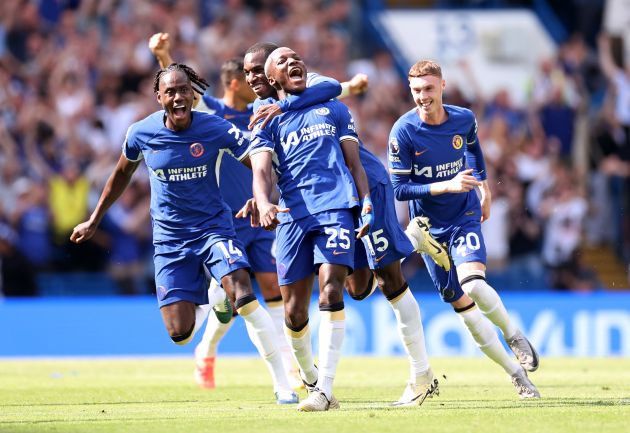 Moises Caicedo of Chelsea celebrates with Nicolas Jackson of Chelsea after scoring his team's first goal during the Premier League match between Chelsea FC and AFC Bournemouth at Stamford Bridge on May 19, 2024 in London, England.