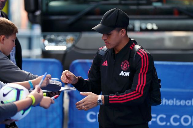 Alexis Sanchez of Manchester United arrives at the stadium prior to the Premier League match between Chelsea FC and Manchester United at Stamford Bridge on October 20, 2018 in London, United Kingdom.