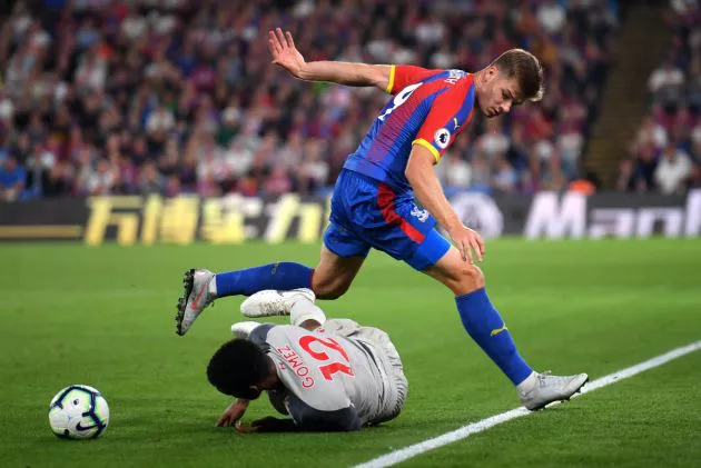 Joe Gomez of Liverpool and Alexander Sorloth of Crystal Palace in action during the Premier League match between Crystal Palace and Liverpool FC at Selhurst Park on August 20, 2018 in London, United Kingdom.