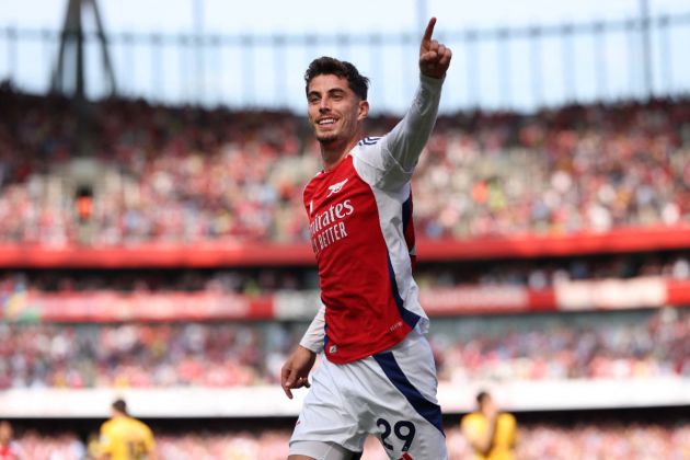 Kai Havertz celebrates scoring the opening goal of the English Premier League football match between Arsenal and Wolverhampton Wanderers at the Emirates Stadium in London on August 17, 2024.