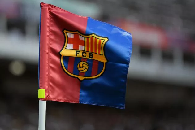 A corner flag with the badge of FC Barcelona flies during the 58th Joan Gamper Trophy football match between FC Barcelona and Tottenham Hotspur FC at the Estadi Olimpic Lluis Companys in Barcelona on August 8, 2023.