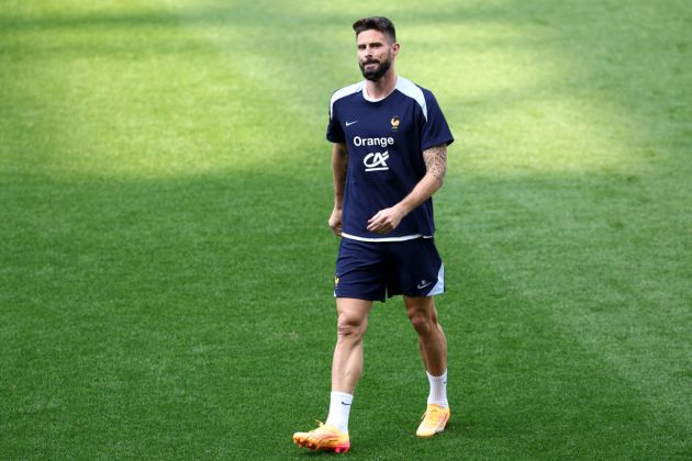 France's forward Olivier Giroud attends a training session on the eve of the France team's international friendly against Luxembourg, as part of their preparations for the UEFA Euro 2024 European football championships, at the Saint-Symphorien Stadium in Longeville-les-Metz, eastern France, on June 4, 2024