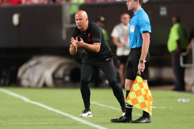 Liverpool's Dutch manager Arne Slot gestures during the pre-season club friendly football match between Arsenal FC and Liverpool FC at Lincoln Financial Field in Philadelphia, Pennsylvania, on July 31, 2024.