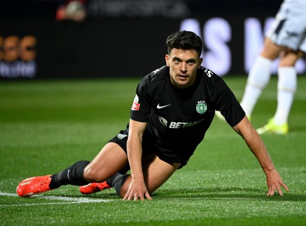 Pedro Goncalves celebrates after scoring his team's first goal during the Portuguese League football match between FC Famalicao and Sporting CP at the Estadio Municipal 22 de Junho in Vila Nova de Famalicao on April 16, 2024.