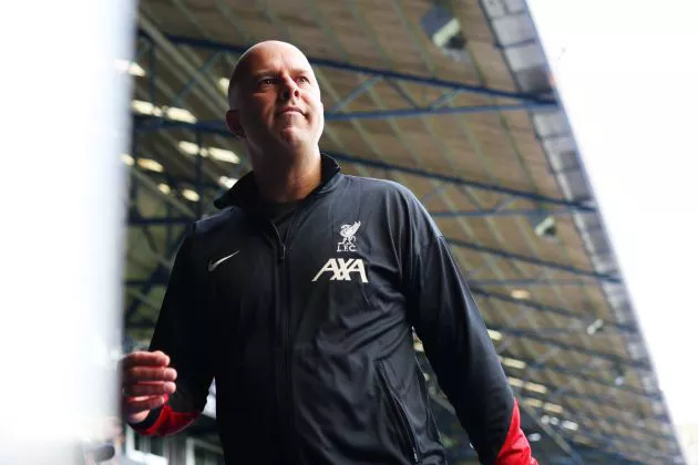 Arne Slot, Manager of Liverpool FC looks on prior to the Premier League match between Ipswich Town FC and Liverpool FC at Portman Road on August 17, 2024 in Ipswich, England.